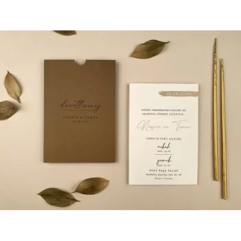 Invitație nuntă dreptunghiulară albă, plic maro, 12251 Elite