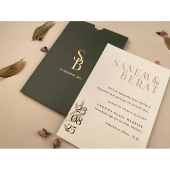 Invitație nuntă dreptunghiulară albă, plic verde 12260 Elite