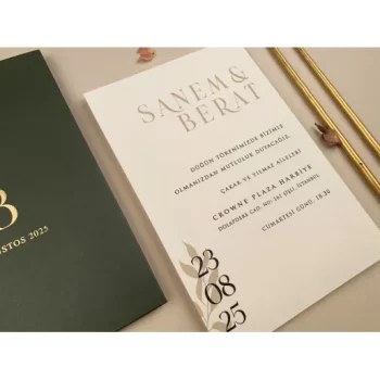 Invitație nuntă dreptunghiulară albă, plic verde 12260 Elite