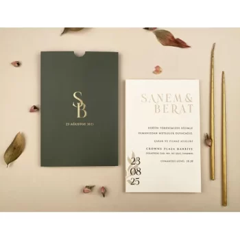 Invitație nuntă dreptunghiulară albă, plic verde 12260 Elite