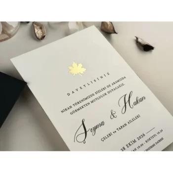 Invitație nuntă dreptunghiulară cu frunză aurie, 96943 Elite