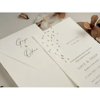 Invitație nuntă dreptunghiulară cu frunze aurii, 13315 Elite
