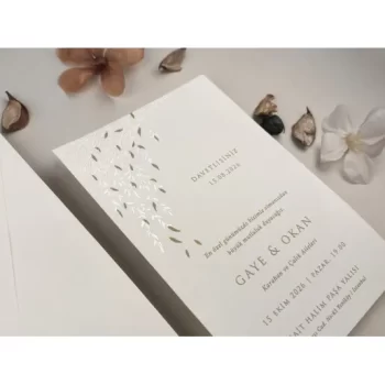 Invitație nuntă dreptunghiulară cu frunze aurii, 13315 Elite