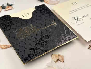 Invitație nuntă elegantă pătrată plic negru/auriu 63665 Elite
