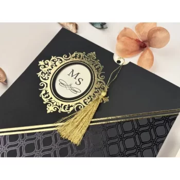 Invitație nuntă elegantă pătrată plic negru/auriu 74758 Elite