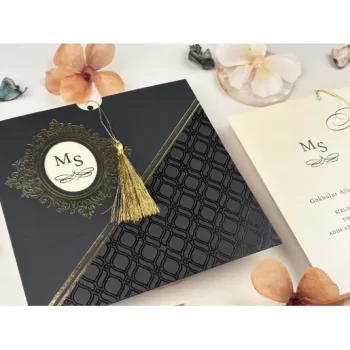Invitație nuntă elegantă pătrată plic negru/auriu 74758 Elite