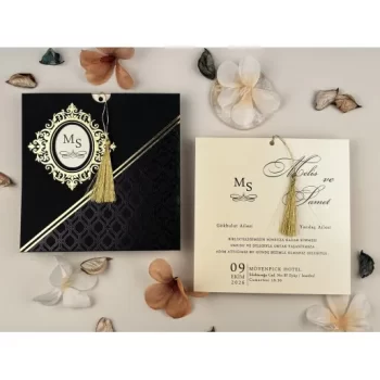Invitație nuntă elegantă pătrată plic negru/auriu 74758 Elite