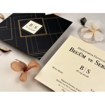 Invitație nuntă elegantă pătrată plic negru/auriu 85851 Elite