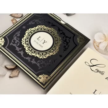 Invitație nuntă elegantă pătrată plic negru/auriu 85865 Elite
