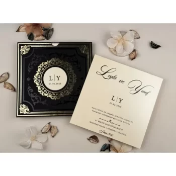 Invitație nuntă elegantă pătrată plic negru/auriu 85865 Elite