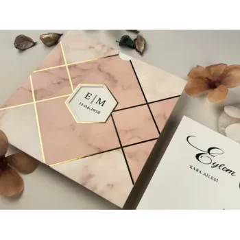 Invitație nuntă elegantă pătrată plic roz/auriu 85860 Elite