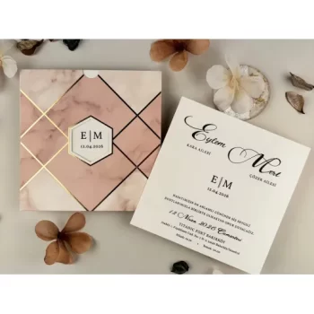 Invitație nuntă elegantă pătrată plic roz/auriu 85860 Elite
