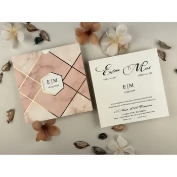 Invitație nuntă elegantă pătrată plic roz/auriu 85860 Elite