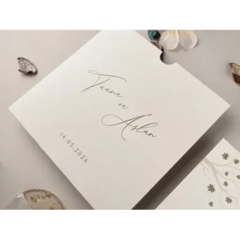 Invitație nuntă pătrată cu ramură frunze aurii 13333 Elite