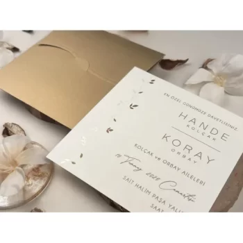 Invitație nuntă pătrată cu ramură frunze embosate 13311 Elite