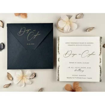 Invitație nuntă pătrată linii aurii, plic negru 96945 Elite