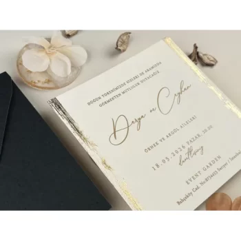 Invitație nuntă pătrată linii aurii, plic negru 96945 Elite