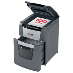 Distrugător documente automat REXEL Optimum 100M, P5, micro-cut, 100 coli, cos 34 l, negru-gri