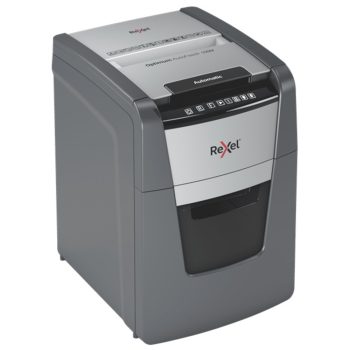 Distrugător documente automat REXEL Optimum 100M, P5, micro-cut, 100 coli, cos 34 l, negru-gri