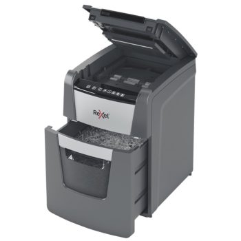 Distrugător documente automat REXEL Optimum 100M, P5, micro-cut, 100 coli, cos 34 l, negru-gri