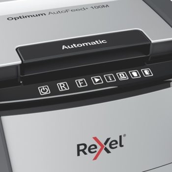 Distrugător documente automat REXEL Optimum 100M, P5, micro-cut, 100 coli, cos 34 l, negru-gri