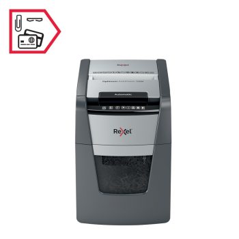 Distrugător documente automat REXEL Optimum 100M, P5, micro-cut, 100 coli, cos 34 l, negru-gri