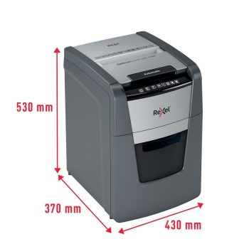 Distrugător documente automat REXEL Optimum 100M, P5, micro-cut, 100 coli, cos 34 l, negru-gri