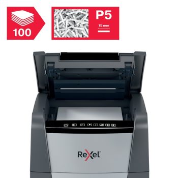 Distrugător documente automat REXEL Optimum 100M, P5, micro-cut, 100 coli, cos 34 l, negru-gri