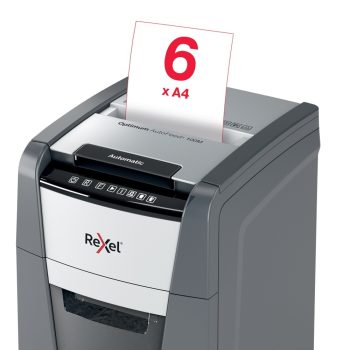 Distrugător documente automat REXEL Optimum 100M, P5, micro-cut, 100 coli, cos 34 l, negru-gri