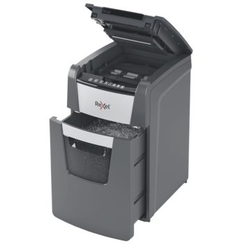 Distrugător documente automat REXEL Optimum 150M, P5, micro-cut, 150 coli, cos 44 l, negru-gri