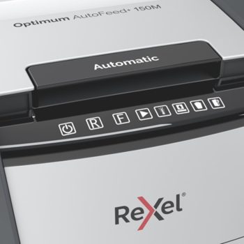 Distrugător documente automat REXEL Optimum 150M, P5, micro-cut, 150 coli, cos 44 l, negru-gri