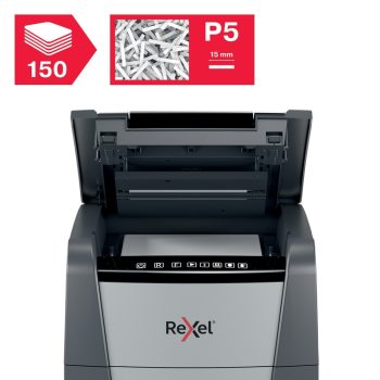 Distrugător documente automat REXEL Optimum 150M, P5, micro-cut, 150 coli, cos 44 l, negru-gri