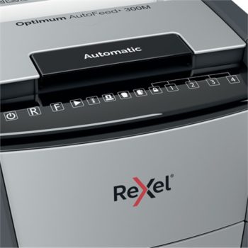 Distrugător documente automat REXEL Optimum 300M, P5, micro-cut, 300 coli, cos 60 l, negru-gri