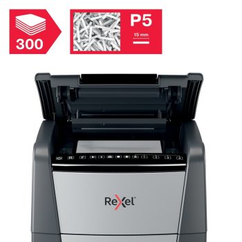 Distrugător documente automat REXEL Optimum 300M, P5, micro-cut, 300 coli, cos 60 l, negru-gri