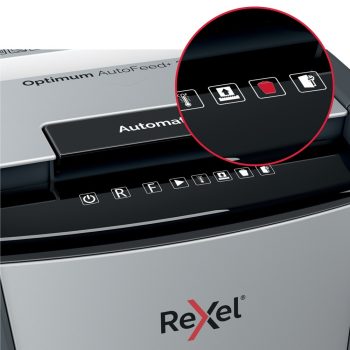 Distrugător documente automat REXEL Optimum 300M, P5, micro-cut, 300 coli, cos 60 l, negru-gri