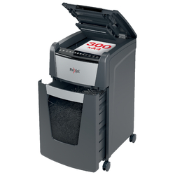 Distrugator documente automat REXEL Optimum 300M, P5, micro-cut, 300 coli, cos 60 l, negru-gri