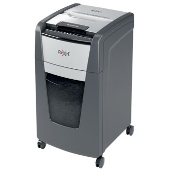 Distrugător documente automat REXEL Optimum 300X, P4, cross-cut, 300 coli, cos 60 l, negru-gri