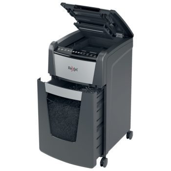 Distrugător documente automat REXEL Optimum 300X, P4, cross-cut, 300 coli, cos 60 l, negru-gri