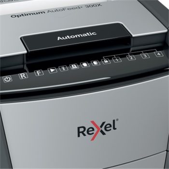 Distrugător documente automat REXEL Optimum 300X, P4, cross-cut, 300 coli, cos 60 l, negru-gri