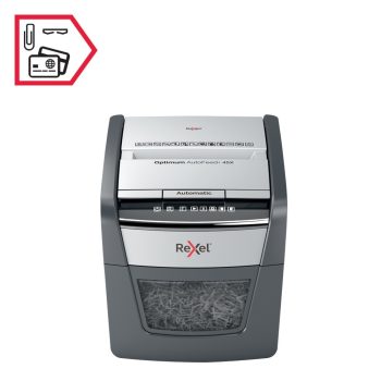 Distrugător documente automat REXEL Optimum 300X, P4, cross-cut, 300 coli, cos 60 l, negru-gri
