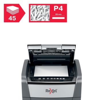 Distrugător documente automat REXEL Optimum 300X, P4, cross-cut, 300 coli, cos 60 l, negru-gri