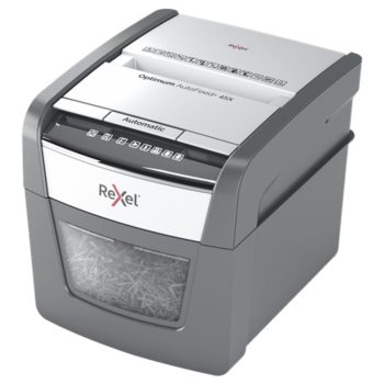 Distrugător documente automat REXEL Optimum 45X, P4, cross-cut (confeti), 45 coli, cos 20 l, negru-gri