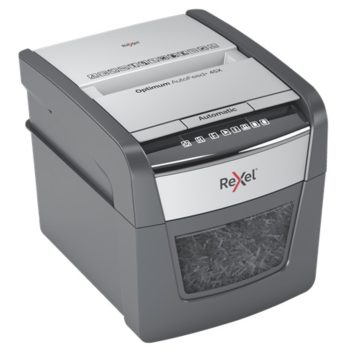 Distrugător documente automat REXEL Optimum 45X, P4, cross-cut (confeti), 45 coli, cos 20 l, negru-gri