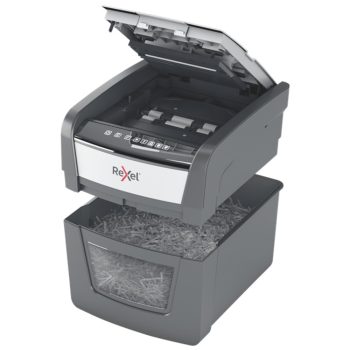 Distrugător documente automat REXEL Optimum 45X, P4, cross-cut (confeti), 45 coli, cos 20 l, negru-gri