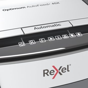 Distrugător documente automat REXEL Optimum 45X, P4, cross-cut (confeti), 45 coli, cos 20 l, negru-gri