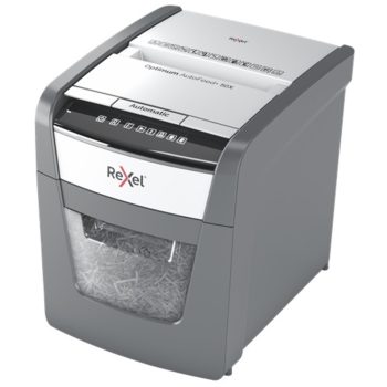 Distrugător documente automat REXEL Optimum 50X, P4, cross-cut (confeti), 50 coli, cos 20 l, negru-gri