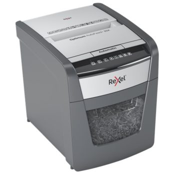 Distrugător documente automat REXEL Optimum 50X, P4, cross-cut (confeti), 50 coli, cos 20 l, negru-gri