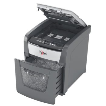 Distrugător documente automat REXEL Optimum 50X, P4, cross-cut (confeti), 50 coli, cos 20 l, negru-gri