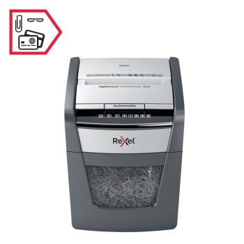 Distrugător documente automat REXEL Optimum 50X, P4, cross-cut (confeti), 50 coli, cos 20 l, negru-gri