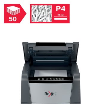 Distrugător documente automat REXEL Optimum 50X, P4, cross-cut (confeti), 50 coli, cos 20 l, negru-gri